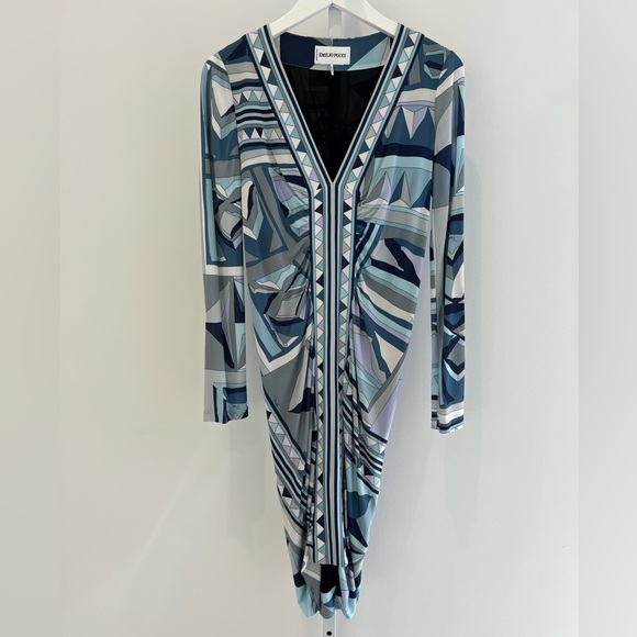 EMILIO PUCCI BLUE MULTI PRINT LONG SLEEVE DRESS SIZE IT 42 / US 8 NWOTS! - Picture 4 of 17